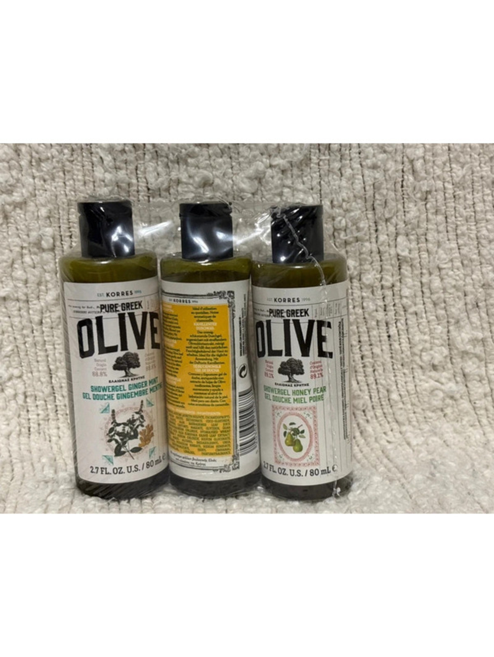 Set of 3 travel-sized bottles of Korres Pure Greek Olive Shower Gel